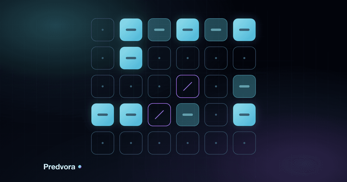A five-by-six grid of thirty rounded cells on a dark blue stage: eleven lit cyan, seventeen empty outlines, and two violet cells crossed with a slash