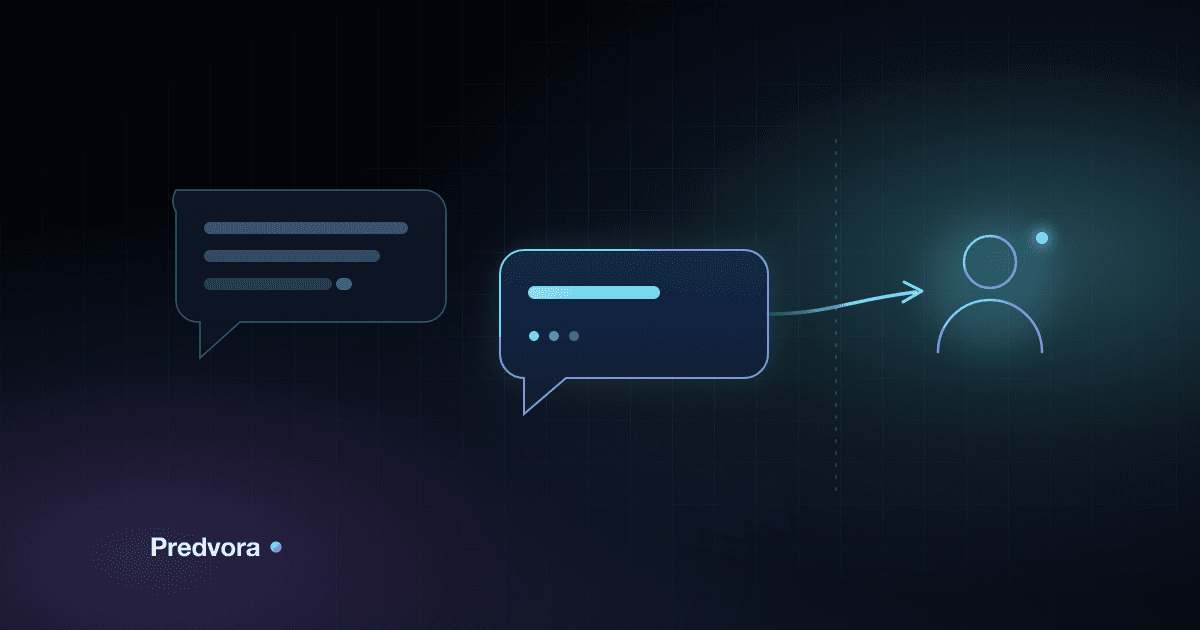 A muted question bubble, a glowing reply with a single short line, and an arrow crossing a dashed boundary to a lit human figure, on a dark blue stage