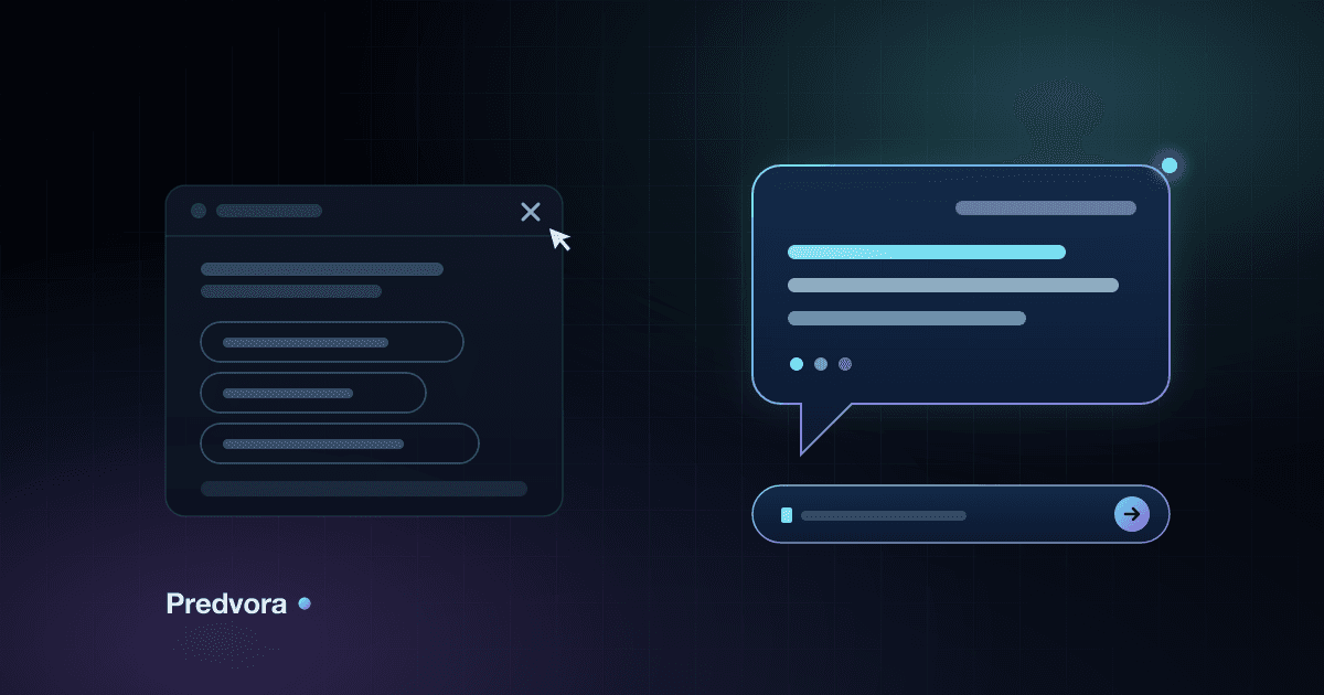 A muted scripted chatbot window with canned option buttons and a cursor on its close button, beside a glowing conversational reply with an open free-text composer, on a dark blue stage