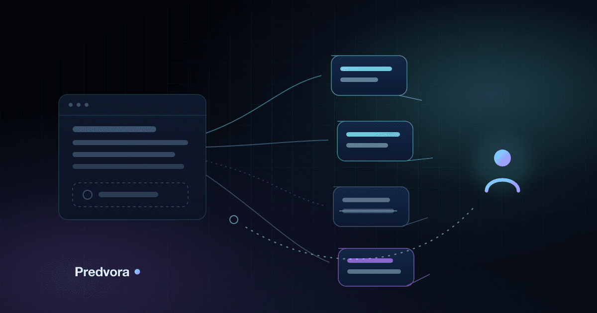 Four chat bubbles gathered around a prospect on a dark stage, each linked to a small website panel by faint reading lines, with a dashed return path that stops halfway and ends in an empty circle
