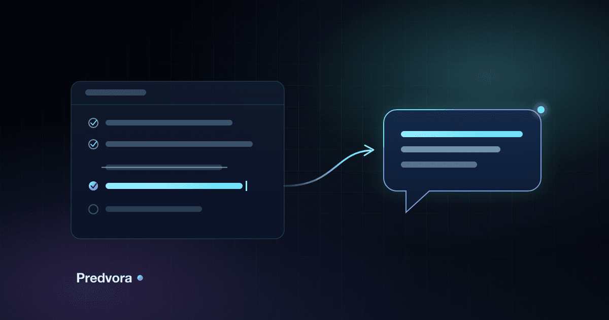 An authored knowledge panel with approved facts, one struck line and its bright edited replacement, flowing into a glowing chat bubble that speaks the edited line, on a dark blue stage
