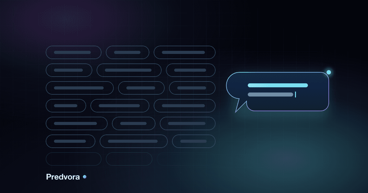 A wall of muted, unlabeled choice pills beside one glowing chat bubble containing a half-typed sentence, on a dark blue stage