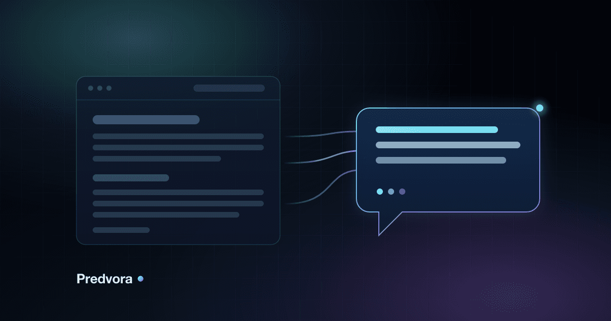 A muted website page flowing into a glowing conversational reply on a dark blue stage